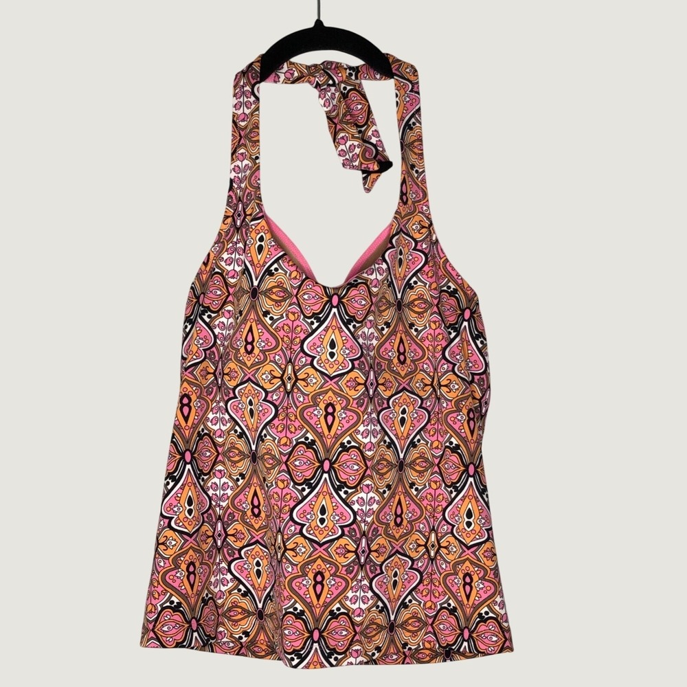 Athleta Tankini Swim Top Womens 34B Pink Orange Paisley Halter Built In Bra